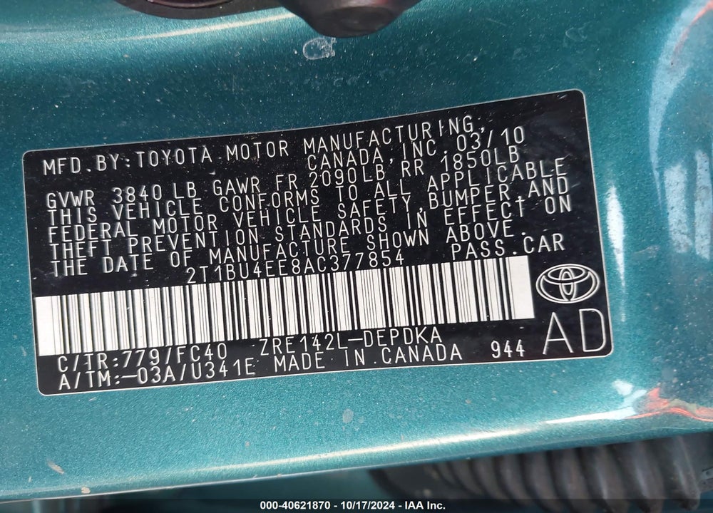2010 TOYOTA COROLLA LE VIN: 2T1BU4EE8AC377854