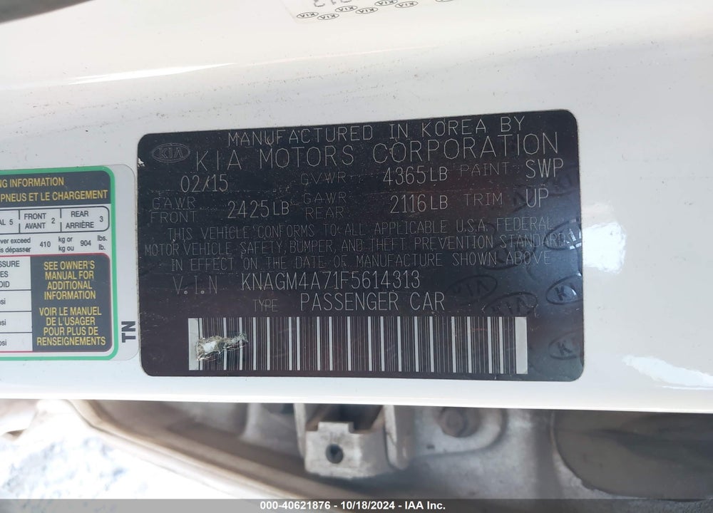 2015 KIA OPTIMA LX VIN: KNAGM4A71F5614313