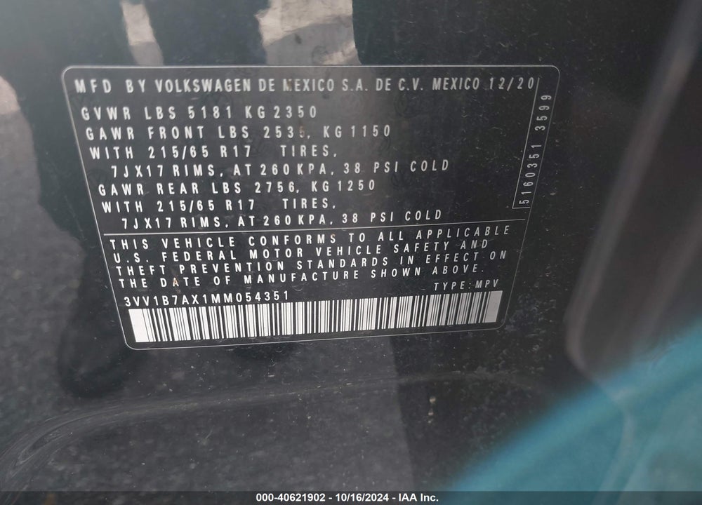 2021 VOLKSWAGEN TIGUAN S VIN: 3VV1B7AX1MM054351