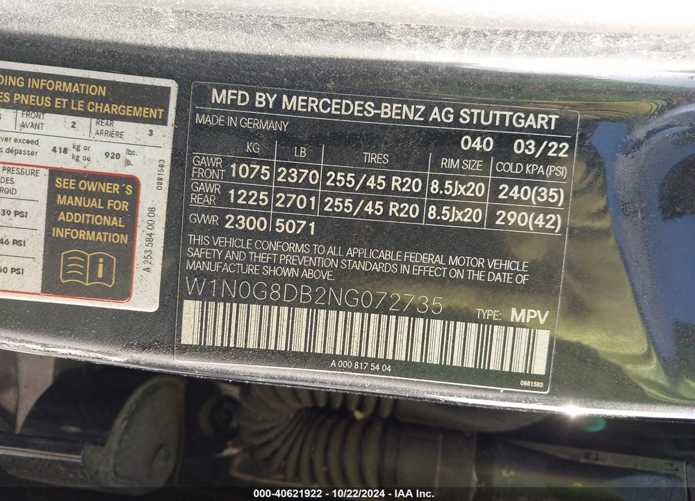 2022 MERCEDES-BENZ GLC 300 SUV VIN: W1N0G8DB2NG072735