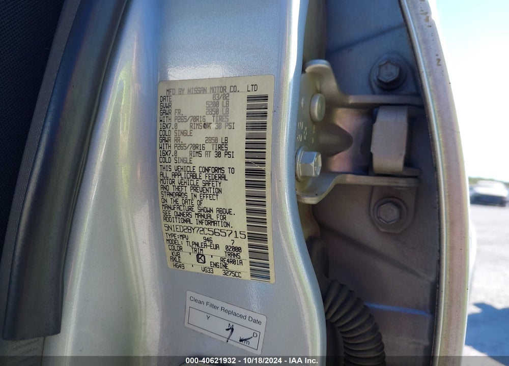 2002 NISSAN XTERRA XE VIN: 5N1ED28Y72C565715