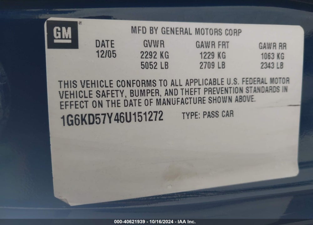 2006 CADILLAC DTS STANDARD VIN: 1G6KD57Y46U151272