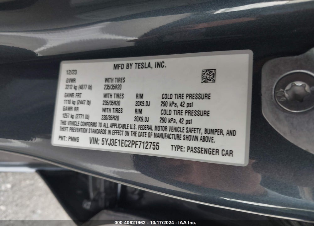 2023 TESLA MODEL 3 PERFORMANCE DUAL MOTOR ALL-WHEEL DRIVE VIN: 5YJ3E1EC2PF712755