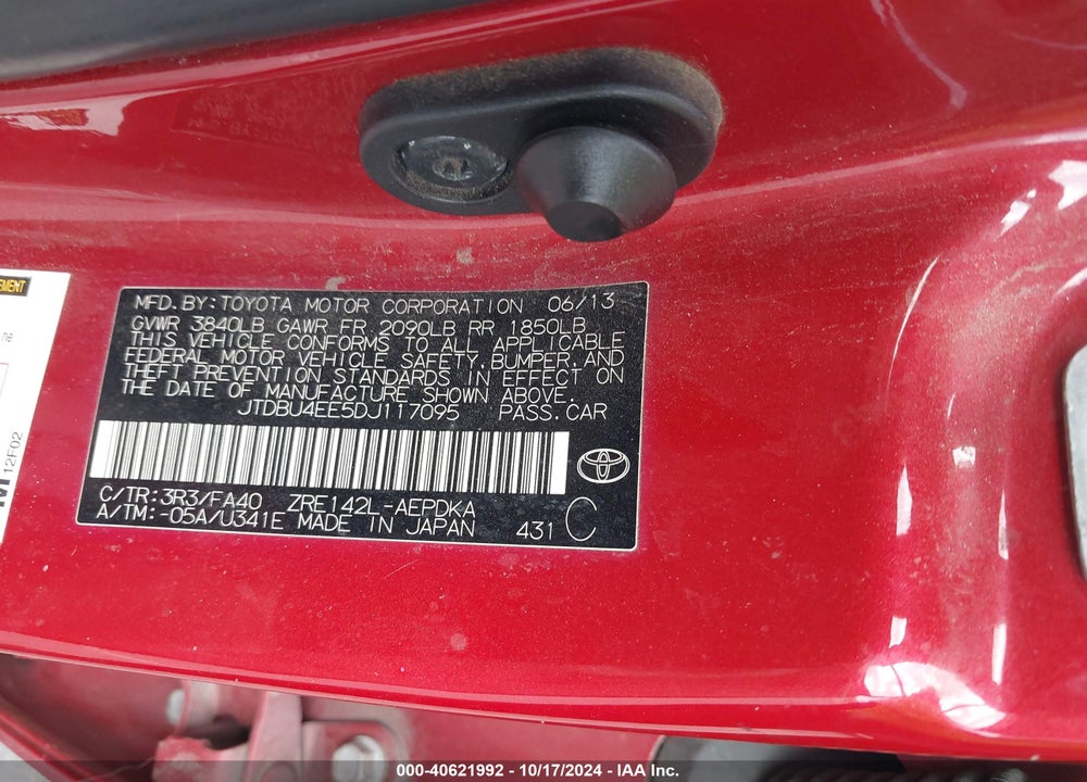 2013 TOYOTA COROLLA L VIN: JTDBU4EE5DJ117095