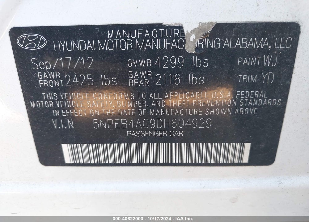 2013 HYUNDAI SONATA GLS VIN: 5NPEB4AC9DH604929