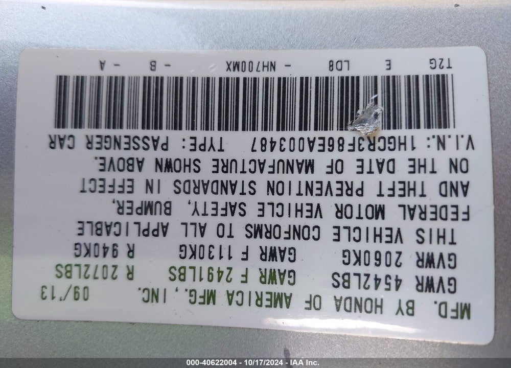2014 HONDA ACCORD EX-L V-6 VIN: 1HGCR3F86EA003487