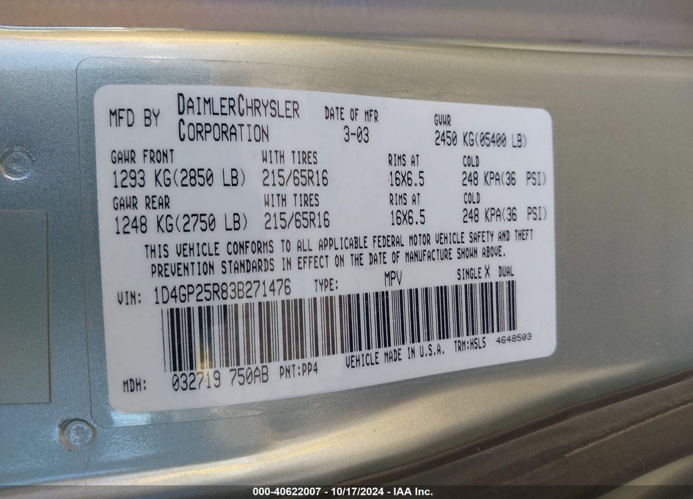 2003 DODGE CARAVAN SE VIN: 1D4GP25R83B271476