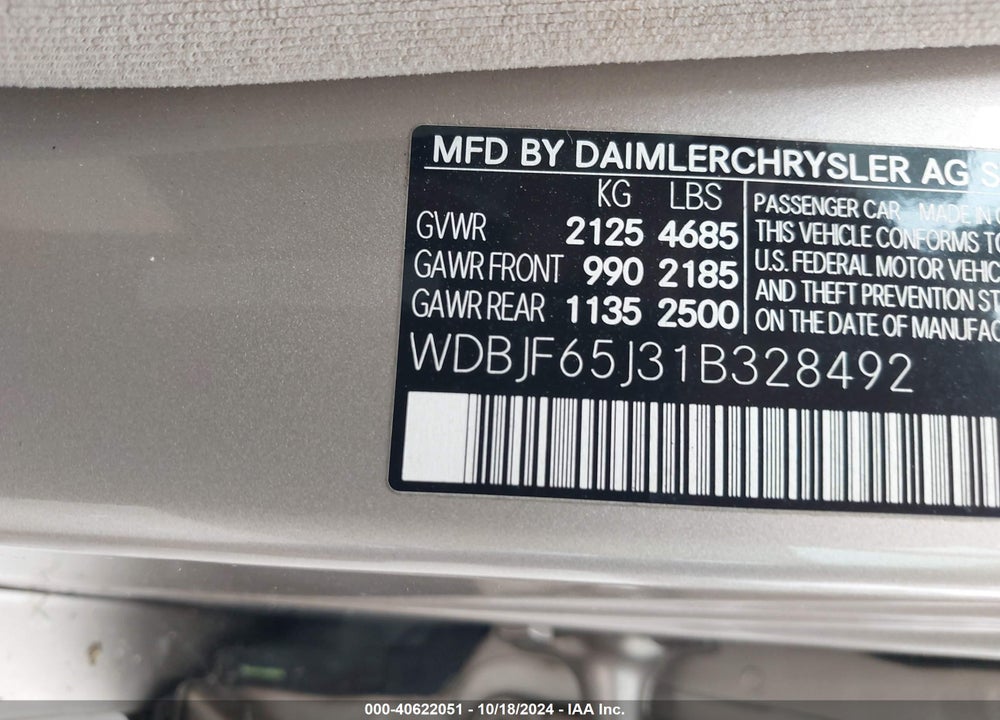 2001 MERCEDES-BENZ E 320 VIN: WDBJF65J31B328492
