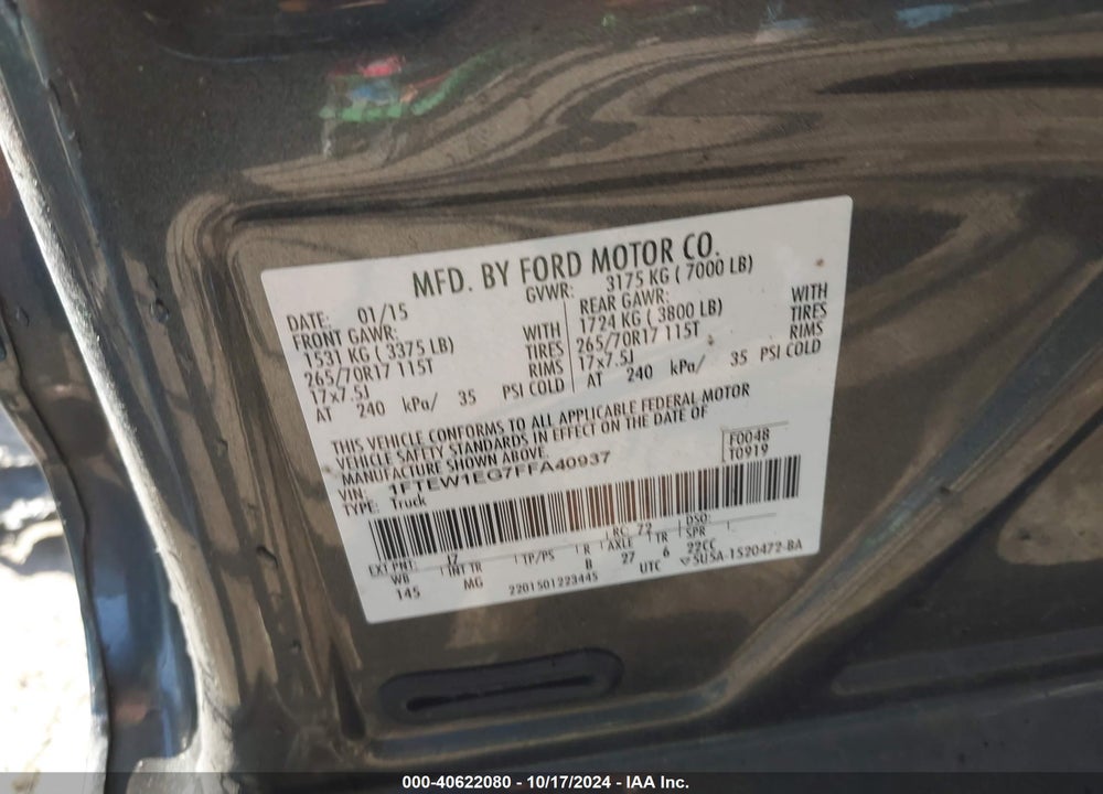 2015 FORD F-150 XLT VIN: 1FTEW1EG7FFA40937