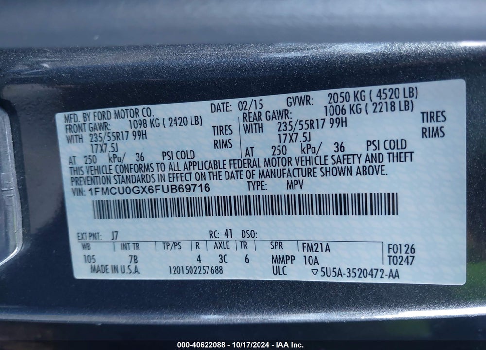 2015 FORD ESCAPE SE VIN: 1FMCU0GX6FUB69716