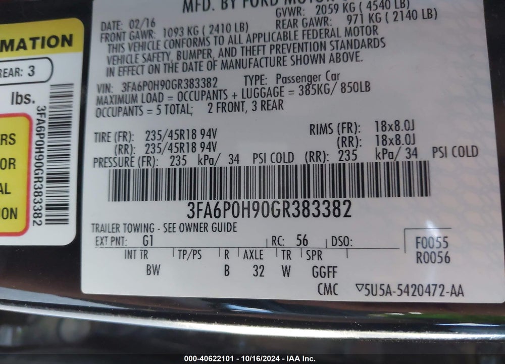 2016 FORD FUSION SE VIN: 3FA6P0H90GR383382