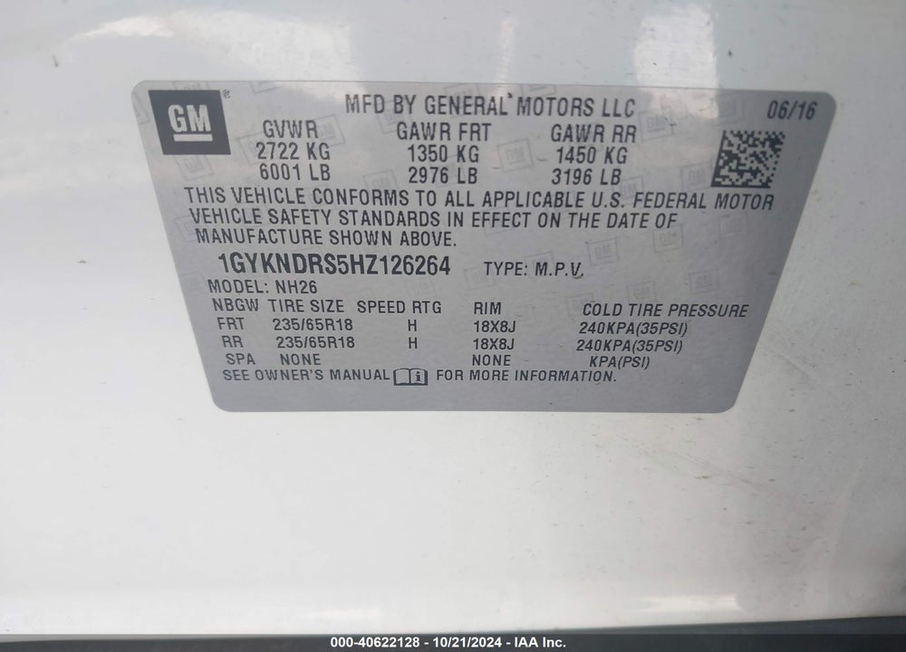 2017 CADILLAC XT5 LUXURY VIN: 1GYKNDRS5HZ126264