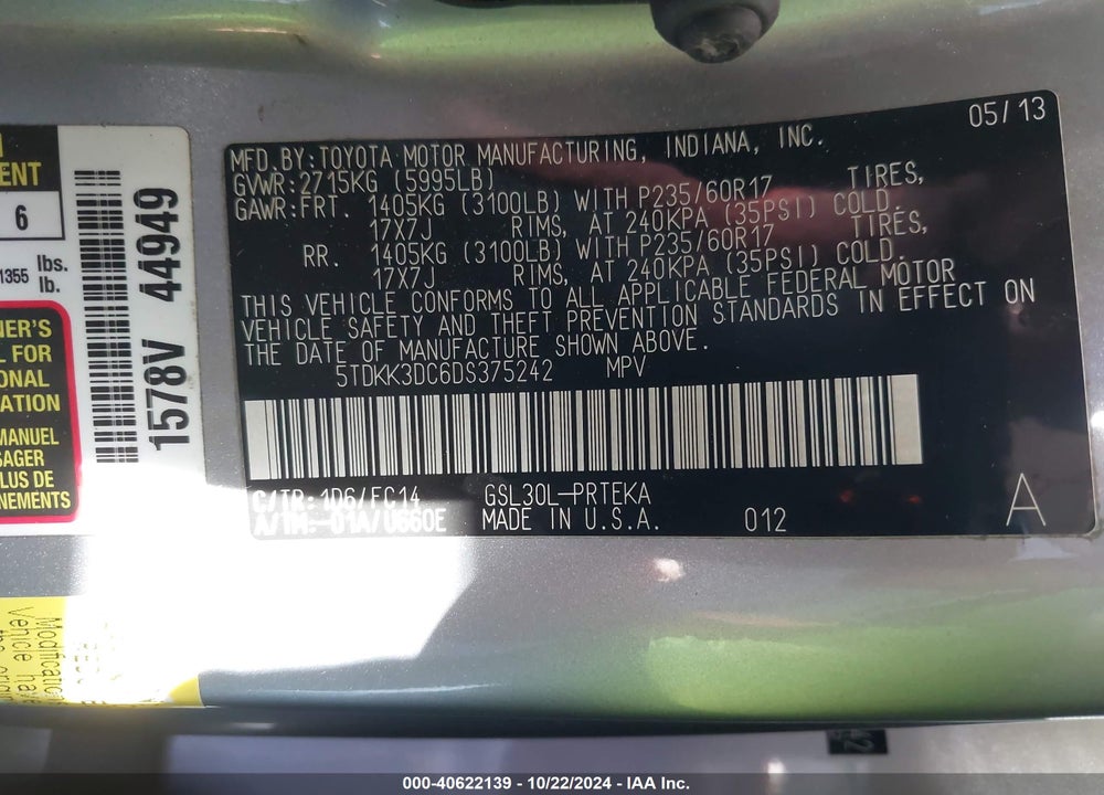 2013 TOYOTA SIENNA VIN: 5TDKK3DC6DS375242