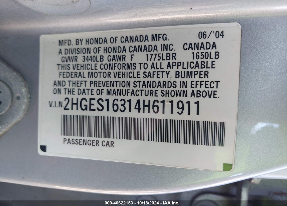 2004 HONDA CIVIC VP VIN: 2HGES16314H611911