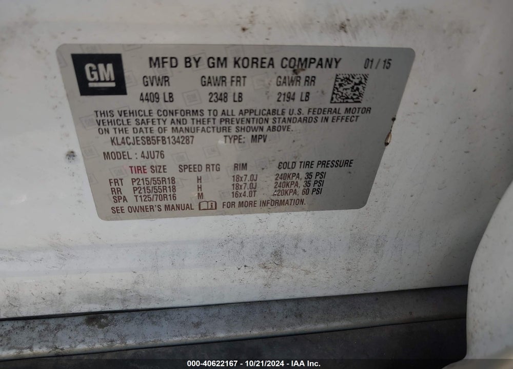 2015 BUICK ENCORE VIN: KL4CJESB5FB134287