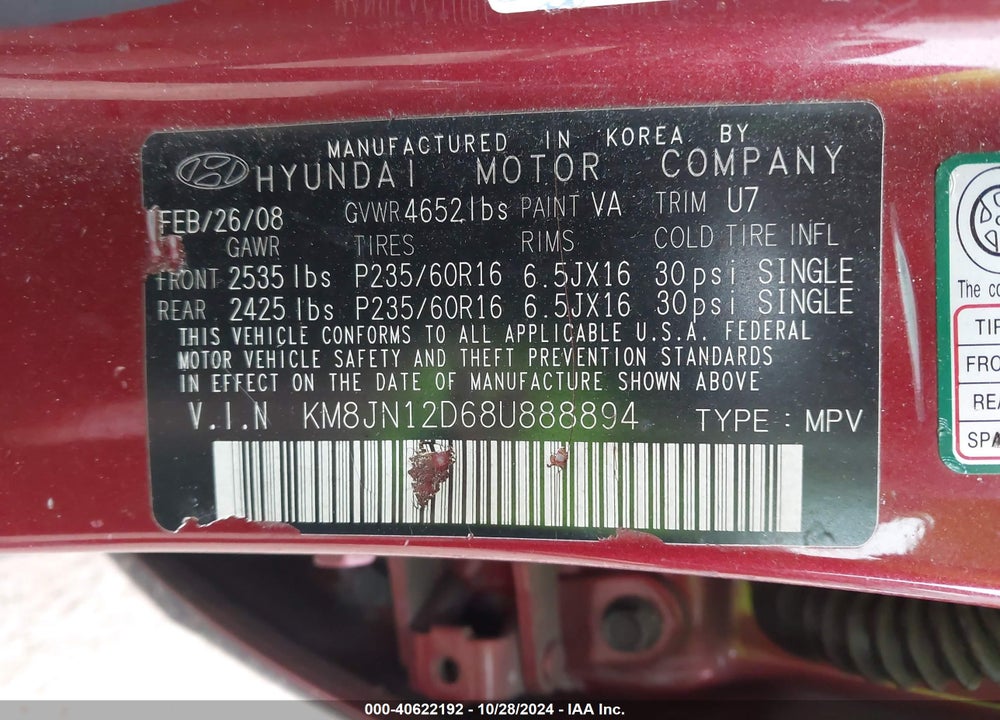 2008 HYUNDAI TUCSON LIMITED V6/SE VIN: KM8JN12D68U888894