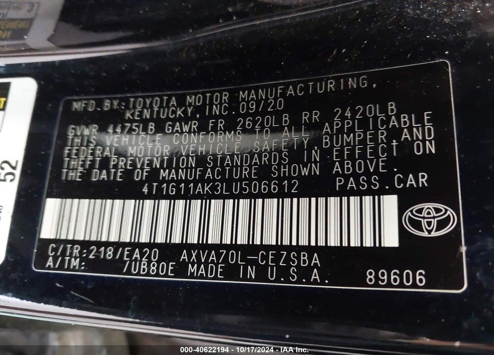 2020 TOYOTA CAMRY SE VIN: 4T1G11AK3LU506612