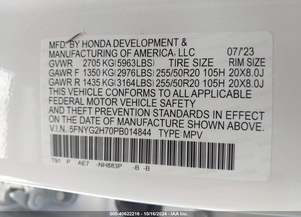 2023 HONDA PILOT 2WD TOURING VIN: 5FNYG2H70PB014844