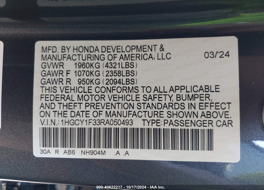 2024 HONDA ACCORD EX VIN: 1HGCY1F33RA050493