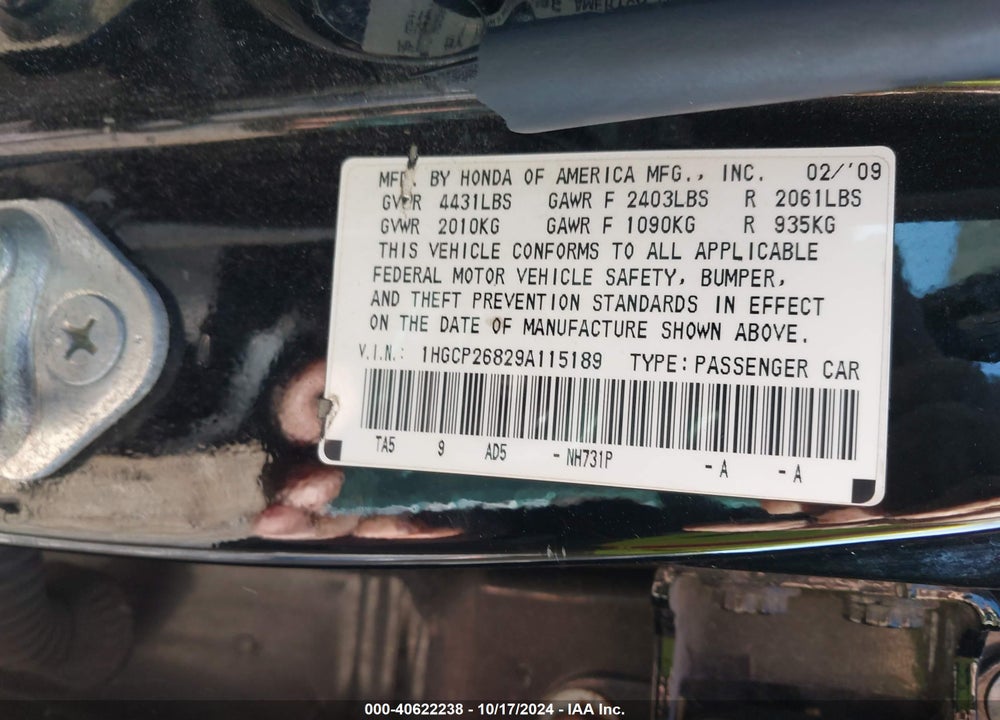 2009 HONDA ACCORD 2.4 EX-L VIN: 1HGCP26829A115189