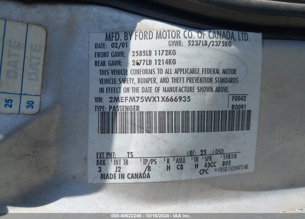 2001 MERCURY GRAND MARQUIS LS VIN: 2MEFM75WX1X666935