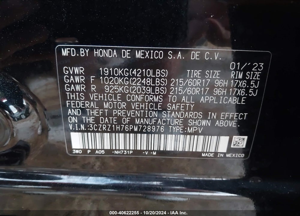 2023 HONDA HR-V 2WD EX-L VIN: 3CZRZ1H76PM728976