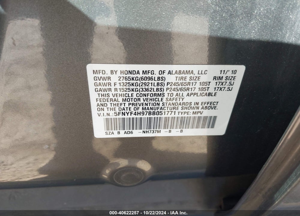 2011 HONDA PILOT TOURING VIN: 5FNYF4H97BB051771