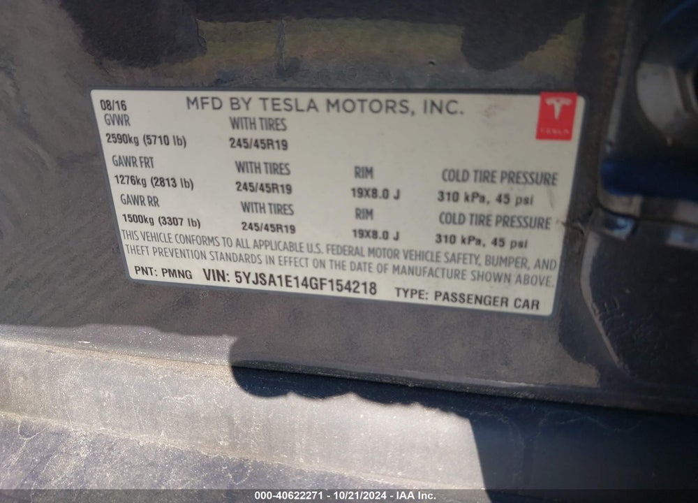 2016 TESLA MODEL S 60/70/75/85 VIN: 5YJSA1E14GF154218