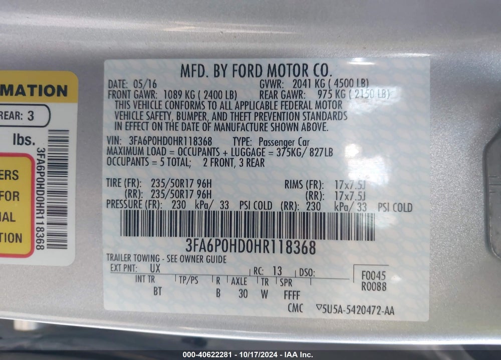 2017 FORD FUSION SE VIN: 3FA6P0HD0HR118368