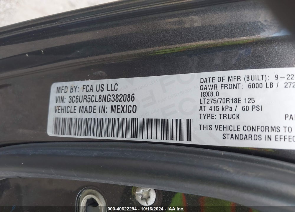 2022 RAM 2500 VIN: 3C6UR5CL8NG382086