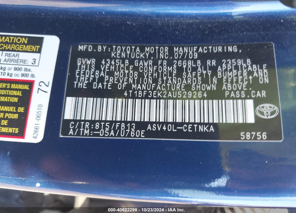 2010 TOYOTA CAMRY LE VIN: 4T1BF3EK2AU529264