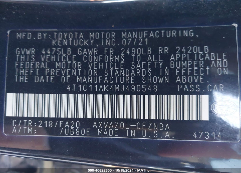 2021 TOYOTA CAMRY VIN: 4T1C11AK4MU490548