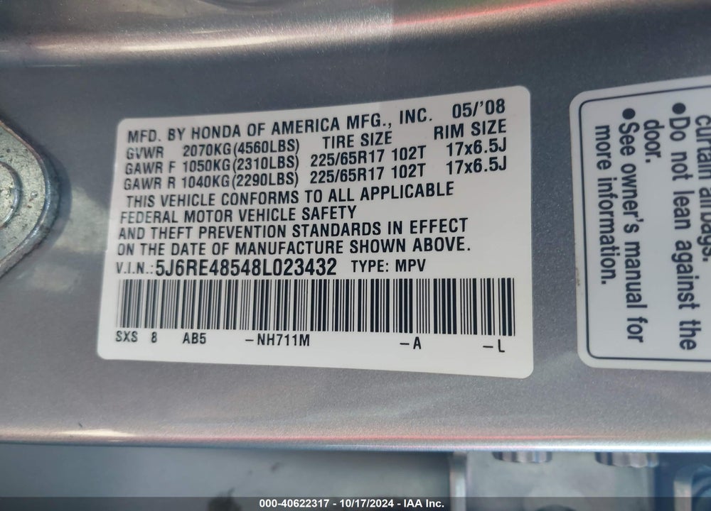 2008 HONDA CR-V EX VIN: 5J6RE48548L023432