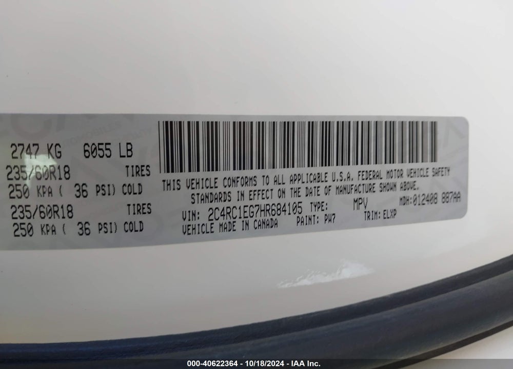 2017 CHRYSLER PACIFICA TOURING L PLUS VIN: 2C4RC1EG7HR684105