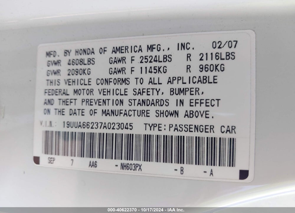 2007 ACURA TL 3.2 VIN: 19UUA66237A023045