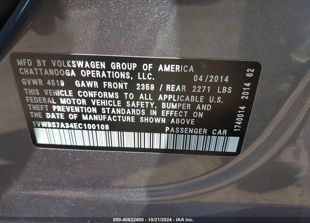 2014 VOLKSWAGEN PASSAT 1.8T SE VIN: 1VWBS7A34EC100108