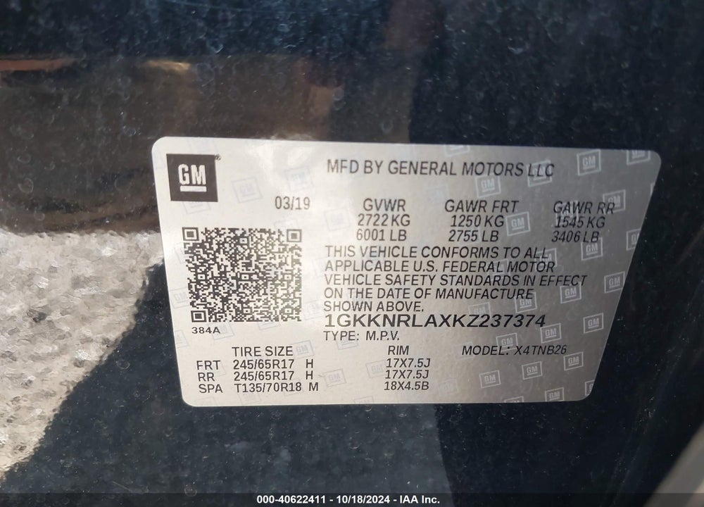 2019 GMC ACADIA SLE-1 VIN: 1GKKNRLAXKZ237374