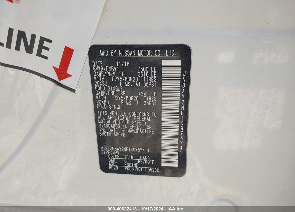 2019 NISSAN ARMADA PLATINUM VIN: JN8AY2NE1K9757411