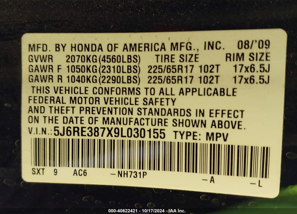 2009 HONDA CR-V EX-L VIN: 5J6RE387X9L030155