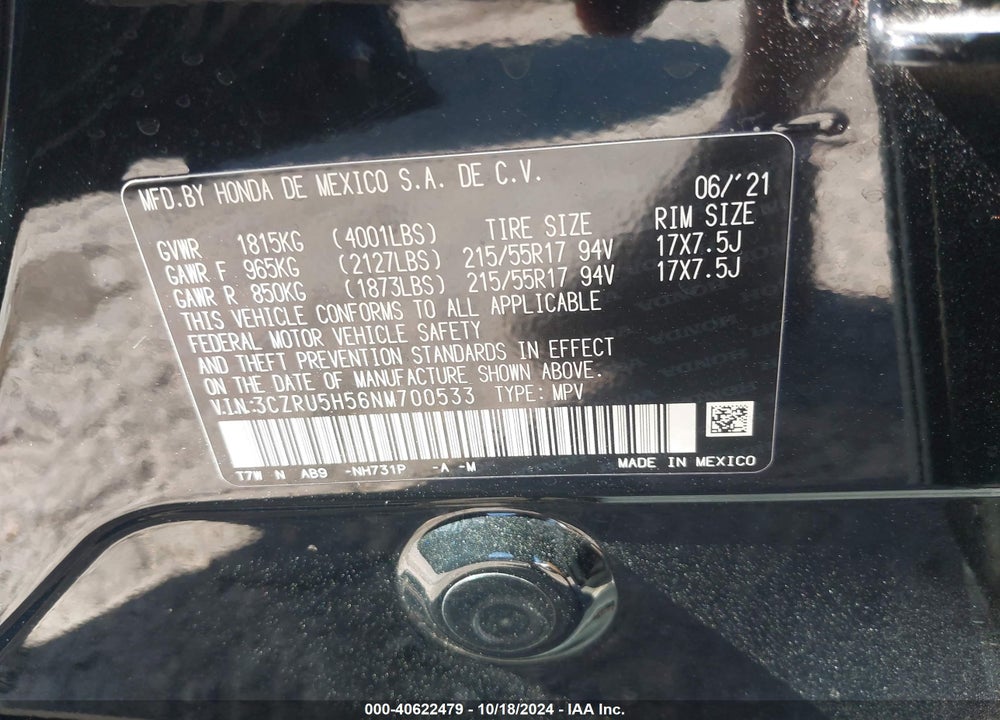 2022 HONDA HR-V 2WD EX VIN: 3CZRU5H56NM700533