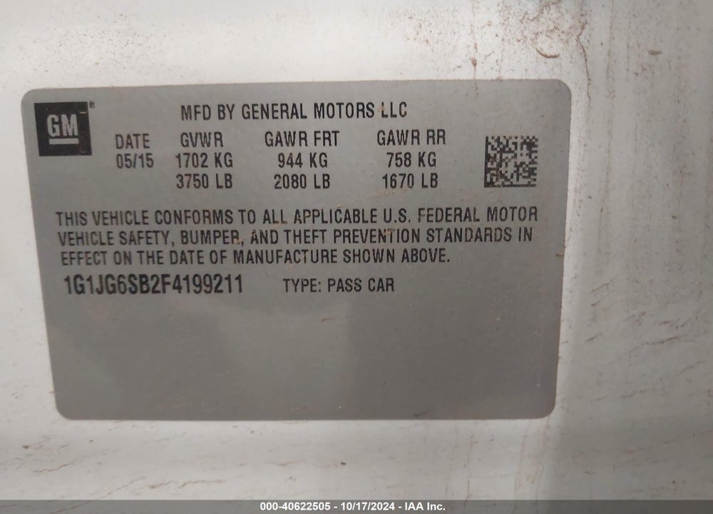 2015 CHEVROLET SONIC RS AUTO VIN: 1G1JG6SB2F4199211