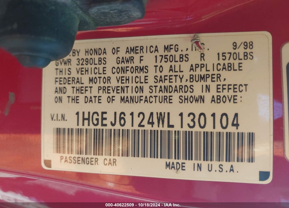 1998 HONDA CIVIC DX VIN: 1HGEJ6124WL130104