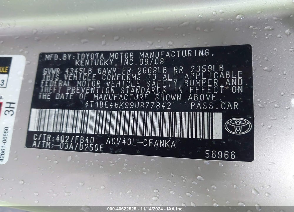 2009 TOYOTA CAMRY VIN: 4T1BE46K99U877842