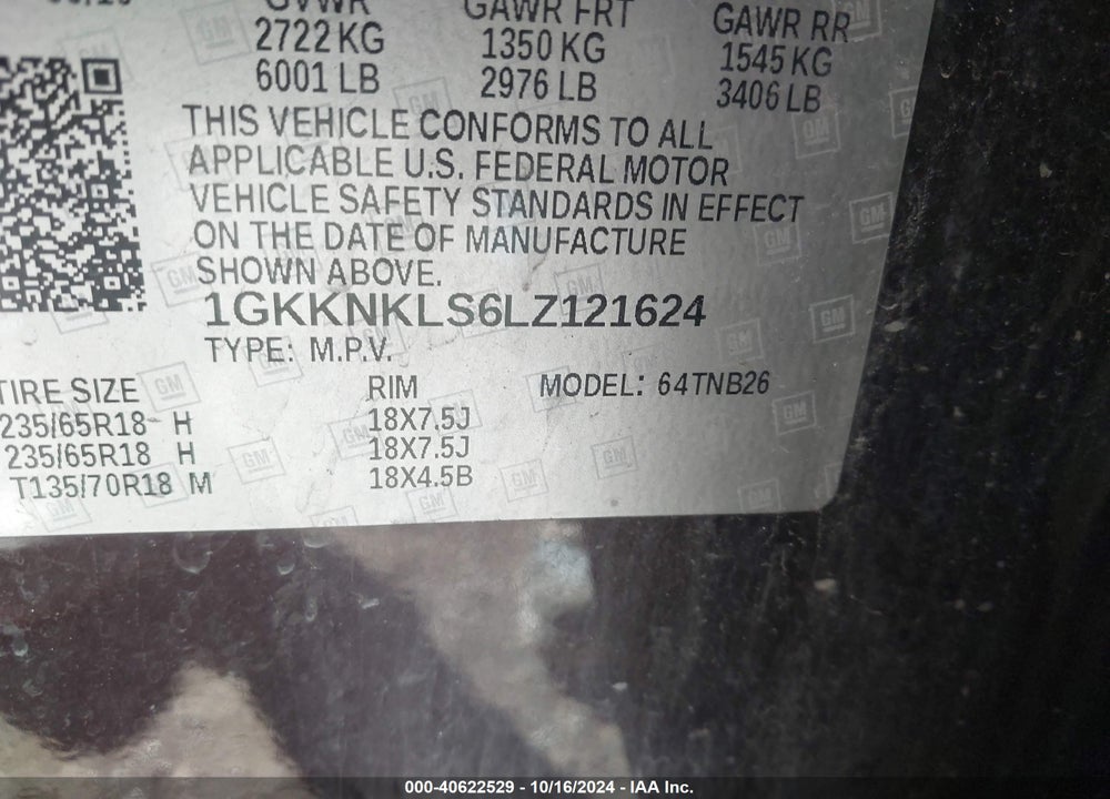 2020 GMC ACADIA FWD SLE VIN: 1GKKNKLS6LZ121624