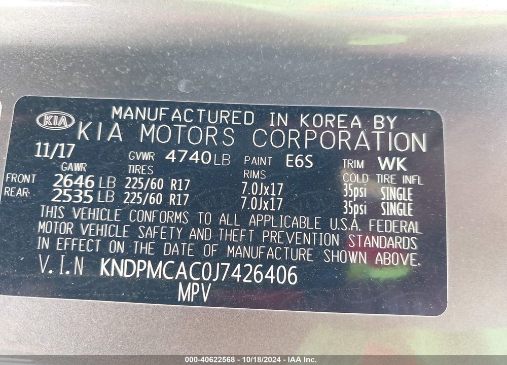 2018 KIA SPORTAGE LX VIN: KNDPMCAC0J7426406