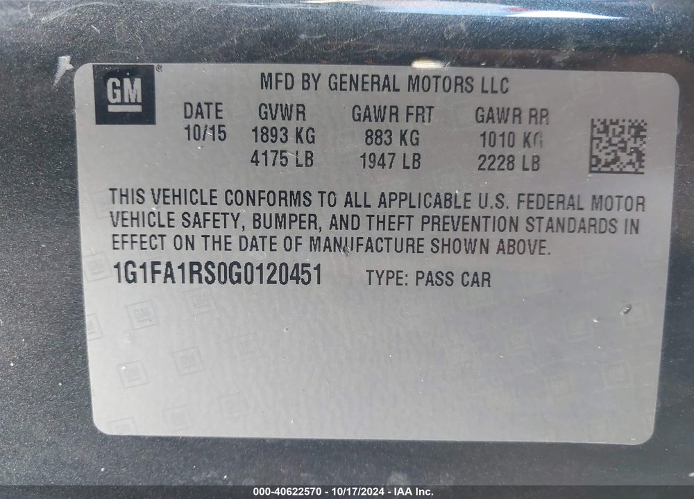2016 CHEVROLET CAMARO 1LT VIN: 1G1FA1RS0G0120451
