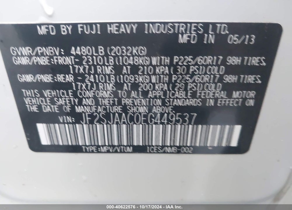 2014 SUBARU FORESTER 2.5I VIN: JF2SJAAC0EG449537