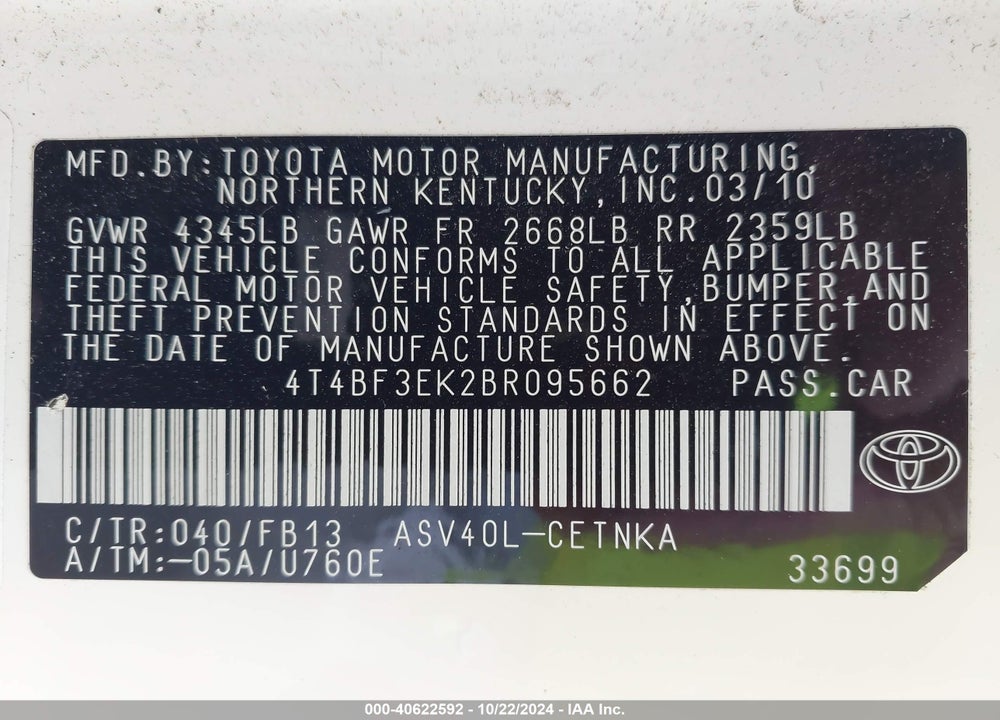 2011 TOYOTA CAMRY LE VIN: 4T4BF3EK2BR095662