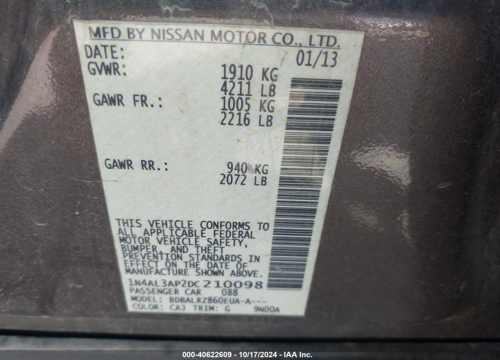 2013 NISSAN ALTIMA 2.5 S VIN: 1N4AL3AP2DC210098
