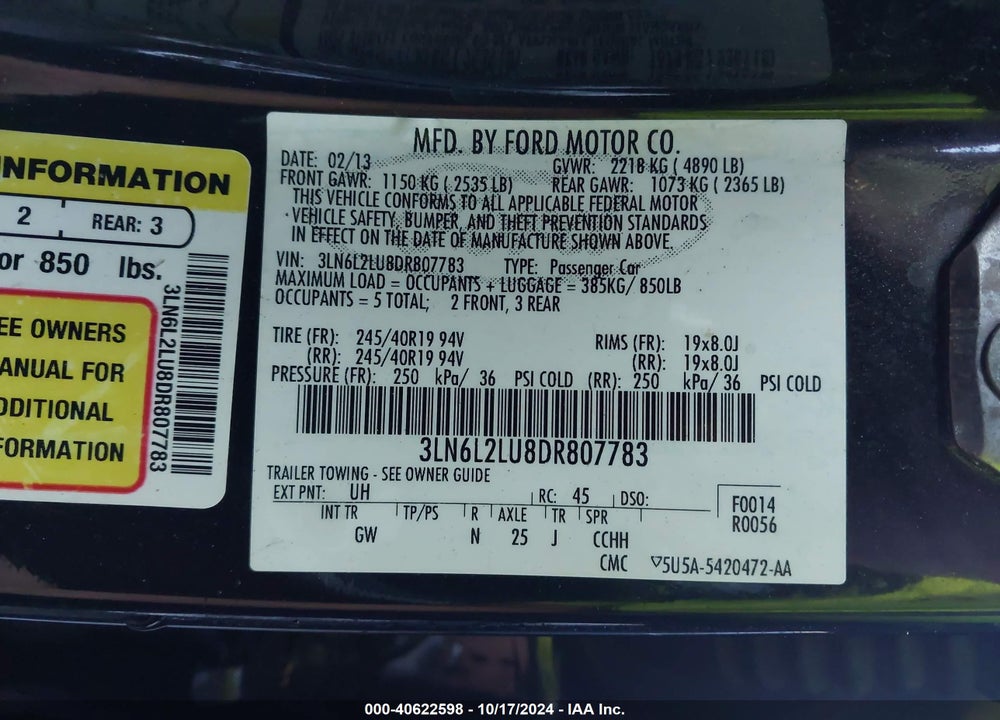 2013 LINCOLN MKZ HYBRID VIN: 3LN6L2LU8DR807783